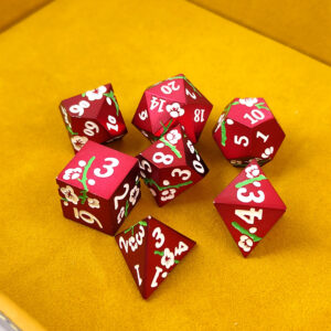 Kości RPG metalowe czerwone kwiaty Sakura D&D zestaw 7 szt. pudełko