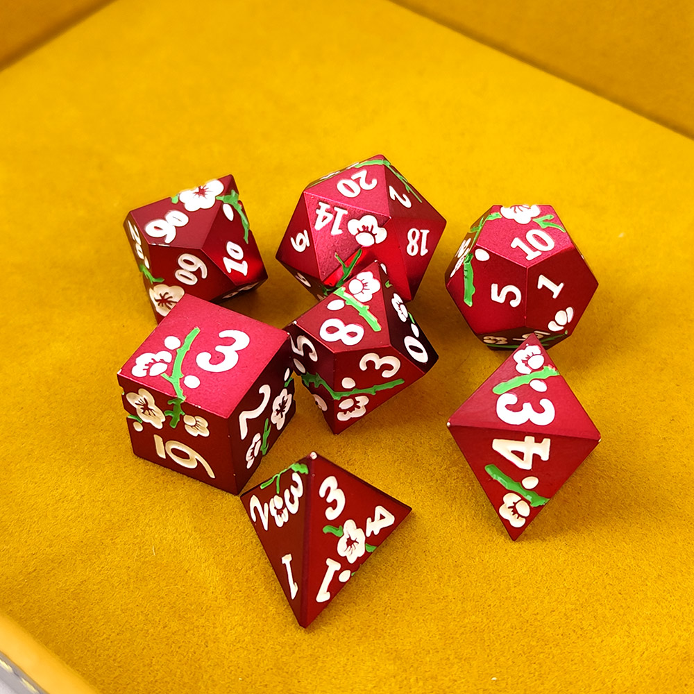 Kości RPG metalowe czerwone kwiaty Sakura D&amp;D zestaw 7 szt. pudełko