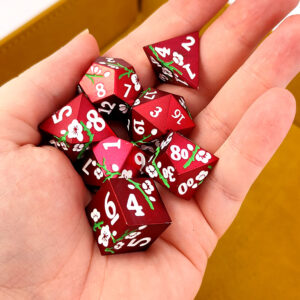 Kości RPG metalowe czerwone kwiaty Sakura D&D zestaw 7 szt. pudełko