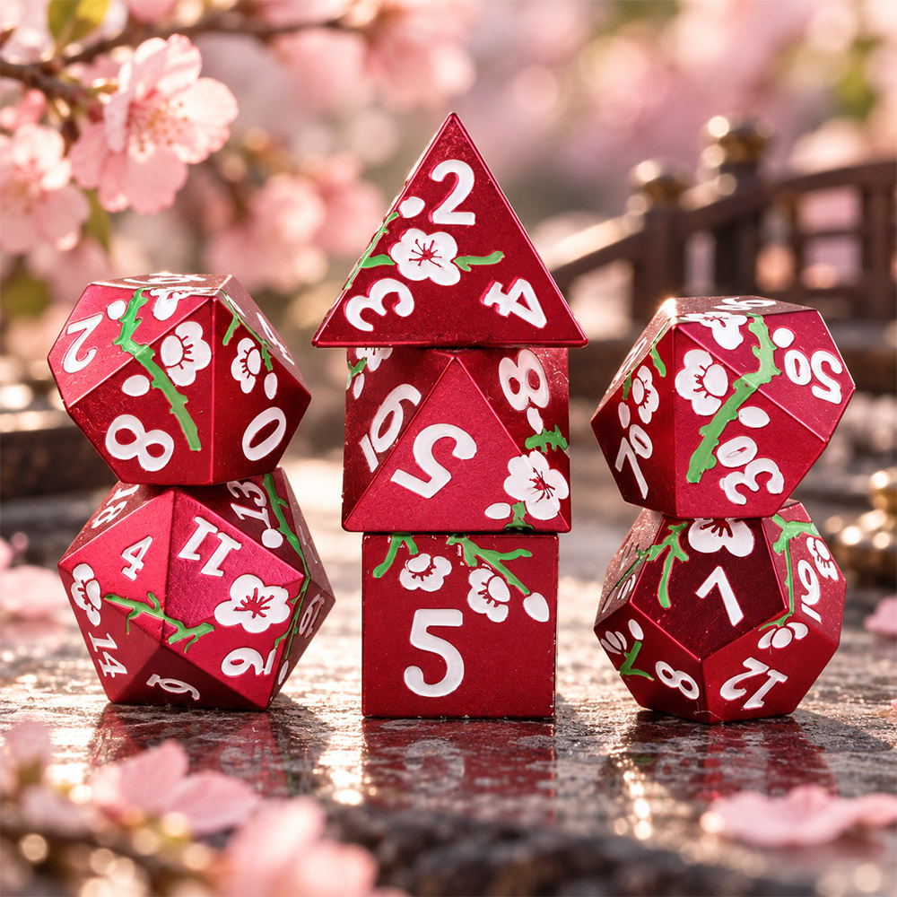 Kości RPG metalowe czerwone kwiaty Sakura D&amp;D zestaw 7 szt. pudełko