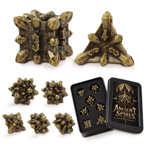 Kości RPG metalowe kolczaste antyczny brąz D&D zestaw 7 szt. pudełko