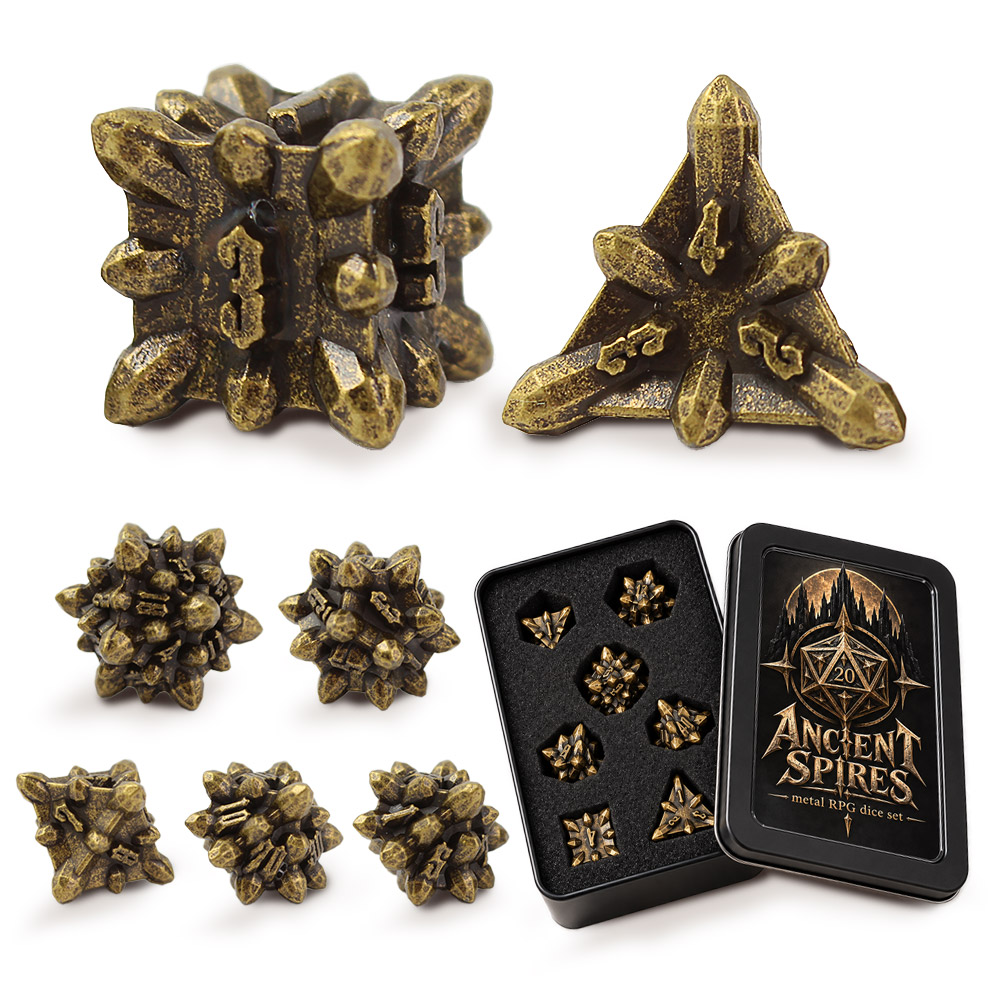 Kości RPG metalowe kolczaste antyczny brąz D&D zestaw 7 szt. pudełko
