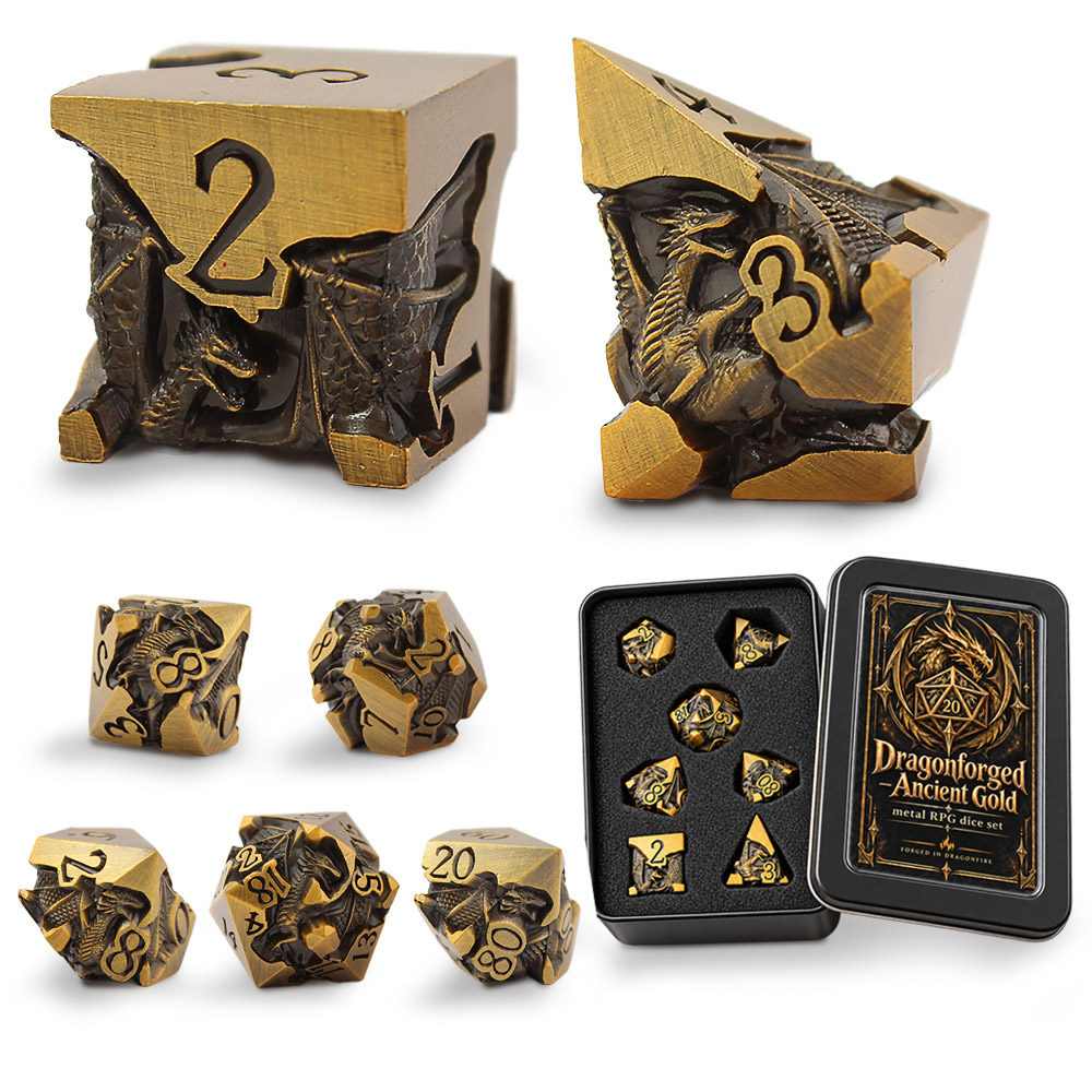 Kości RPG metalowe smoki antyczne złoto D&D zestaw 7 szt. pudełko