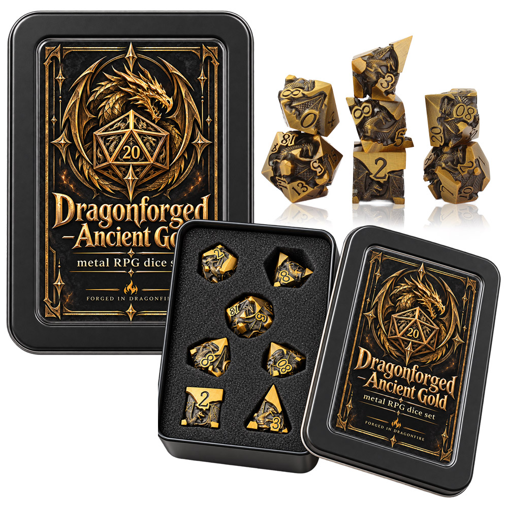 Opakowanie zestawu kości RPG Dragonforged – Ancient Gold