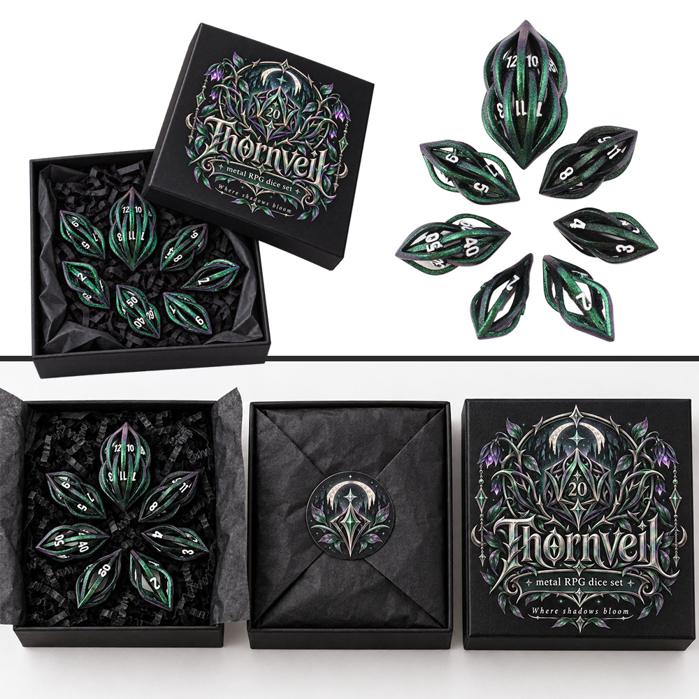 Opakowanie zestawu kości RPG Thornveil