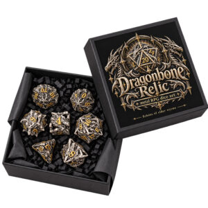 Kości RPG metalowe smoki antyczne srebro D&D zestaw 7 szt. pudełko