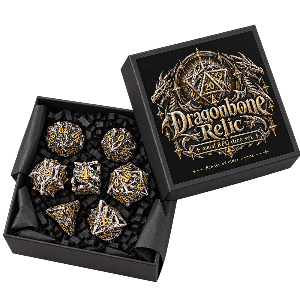 Kości RPG metalowe smoki antyczne srebro D&amp;D zestaw 7 szt. pudełko