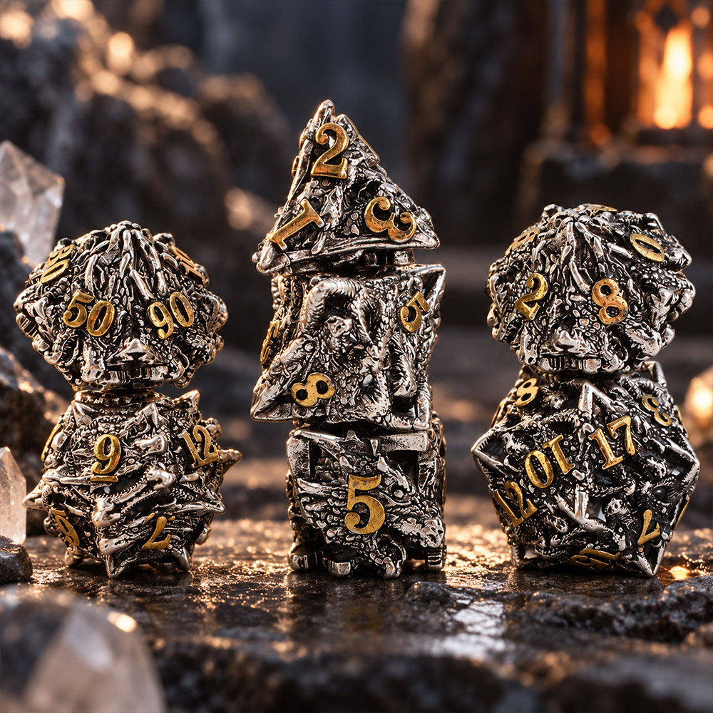 Kości RPG metalowe smoki antyczne srebro D&amp;D zestaw 7 szt. pudełko
