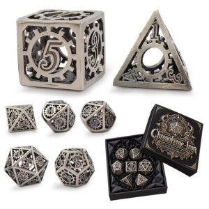 Kości RPG metalowe ażurowe steampunk trybiki D&D zestaw 7 szt.