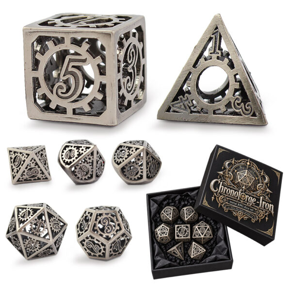 Kości RPG metalowe ażurowe steampunk trybiki D&D zestaw 7 szt.