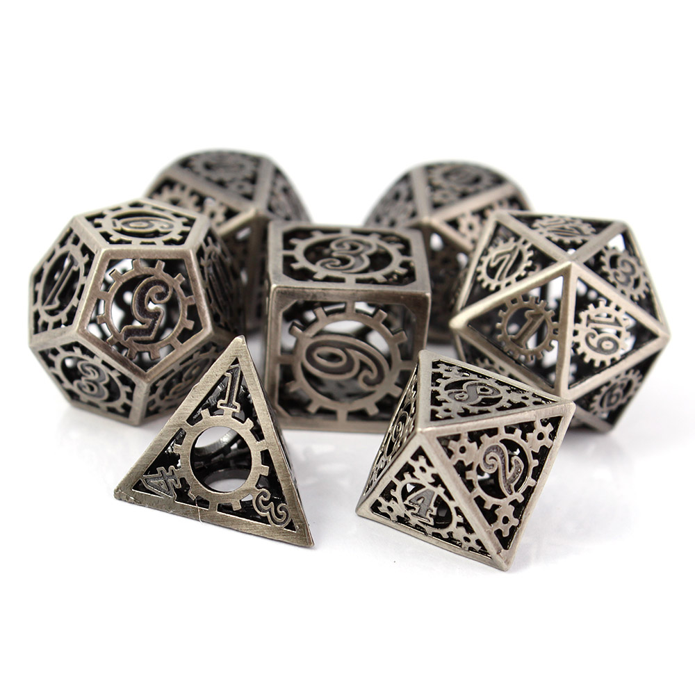 Kości RPG metalowe ażurowe steampunk trybiki D&amp;D zestaw 7 szt.