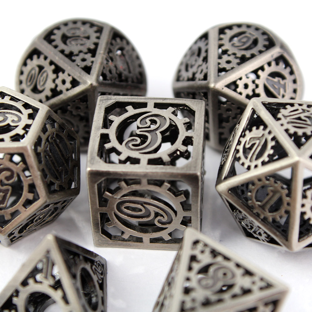 Kości RPG metalowe ażurowe steampunk trybiki D&amp;D zestaw 7 szt.