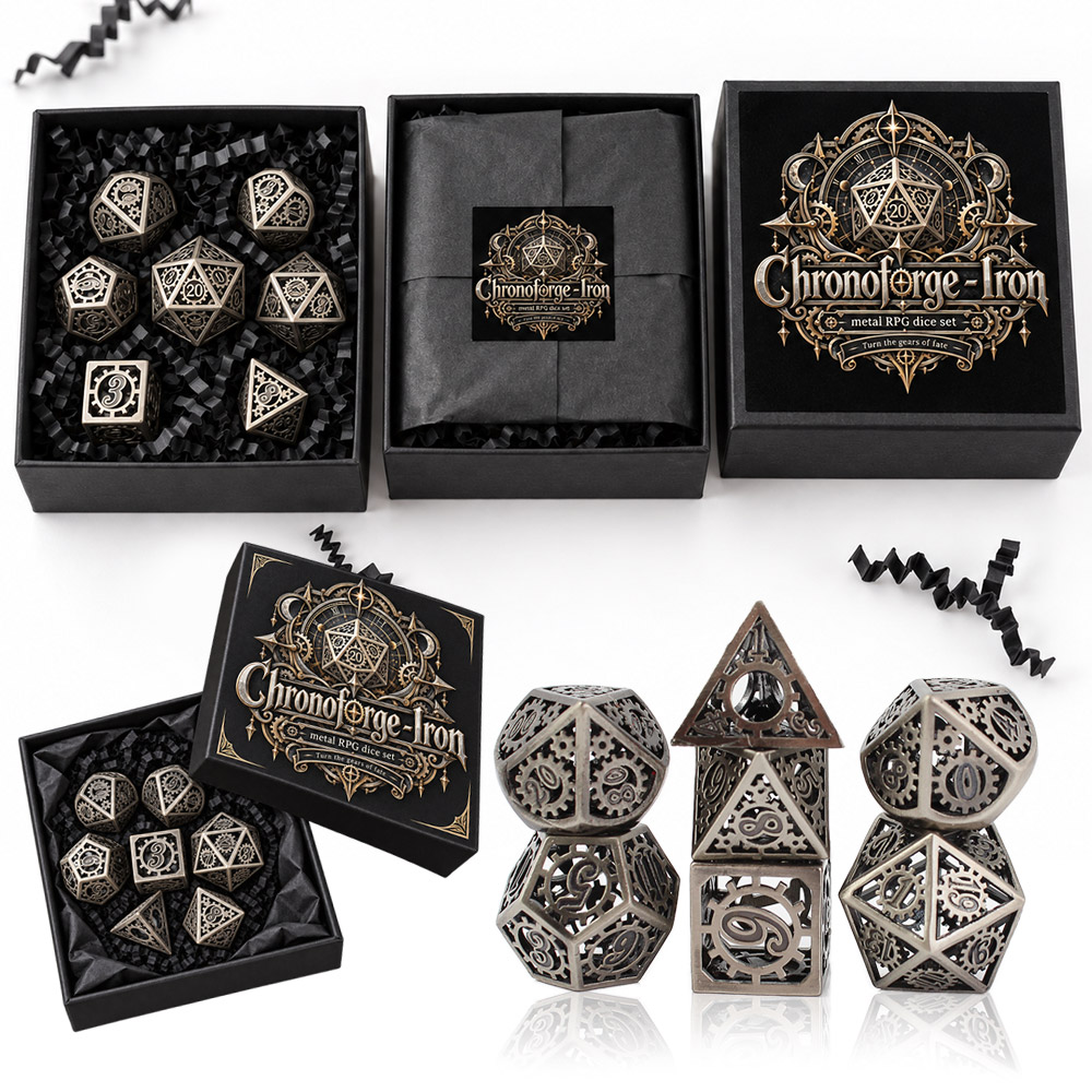 Opakowanie zestawu kości RPG Chronoforge – Iron