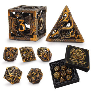 Kości RPG metalowe ażurowe smoki złote D&D zestaw 7 szt. pudełko