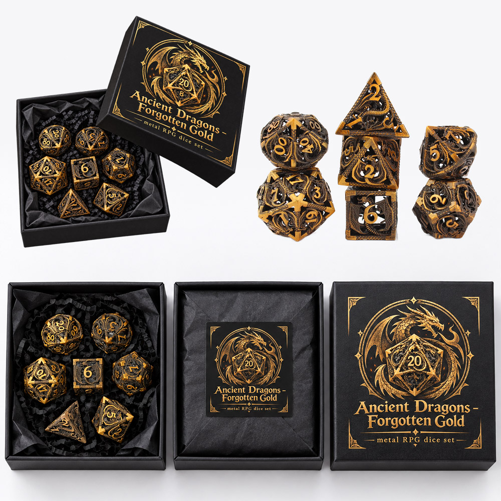 Opakowanie zestawu kości RPG Ancient Dragons – Forgotten Gold