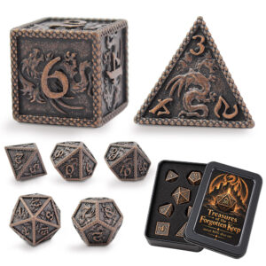 Kości RPG metalowe smoki miedziane D&D zestaw 7 szt. ciężkie pudełko