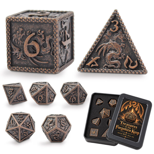Kości RPG metalowe smoki miedziane D&D zestaw 7 szt. ciężkie pudełko