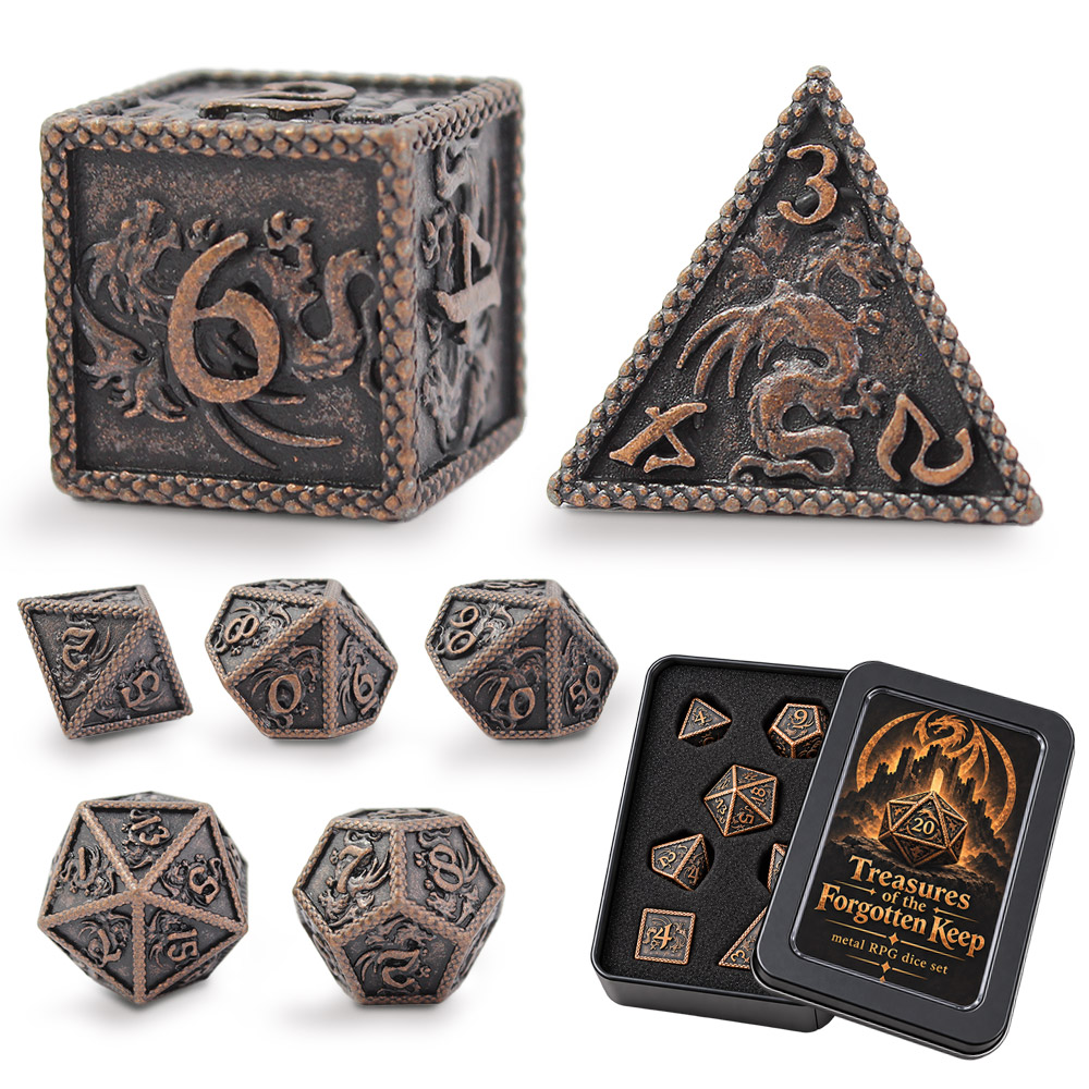 Kości RPG metalowe smoki miedziane D&D zestaw 7 szt. ciężkie pudełko