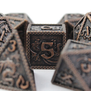 Kości RPG metalowe smoki miedziane D&D zestaw 7 szt. ciężkie pudełko
