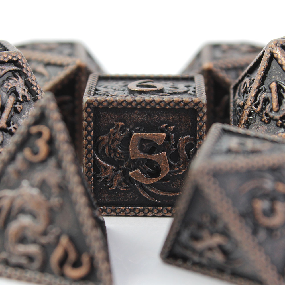 Kości RPG metalowe smoki miedziane D&D zestaw 7 szt. ciężkie pudełko