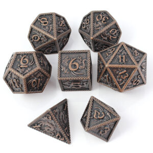 Kości RPG metalowe smoki miedziane D&D zestaw 7 szt. ciężkie pudełko