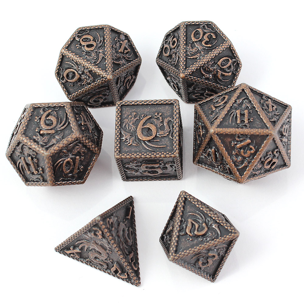Kości RPG metalowe smoki miedziane D&D zestaw 7 szt. ciężkie pudełko