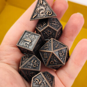 Kości RPG metalowe smoki miedziane D&D zestaw 7 szt. ciężkie pudełko