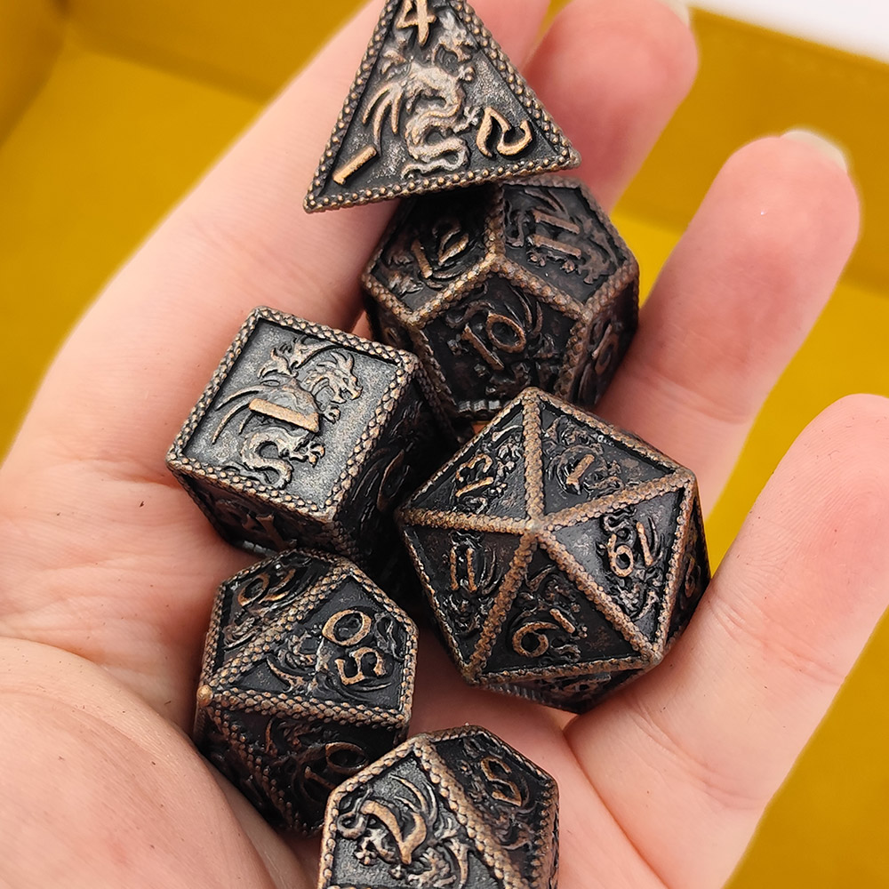 Kości RPG metalowe smoki miedziane D&D zestaw 7 szt. ciężkie pudełko