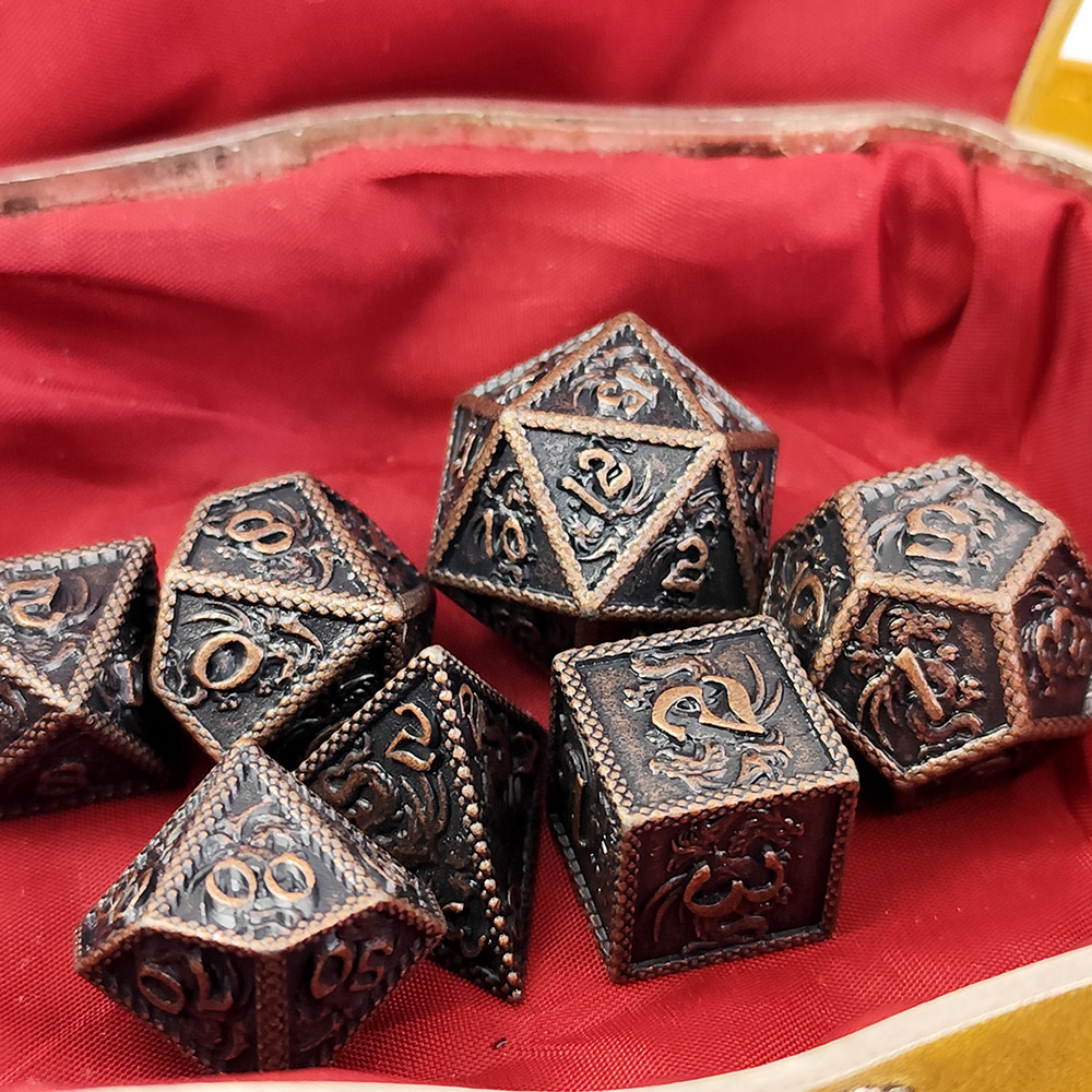 Kości RPG metalowe smoki miedziane D&D zestaw 7 szt. ciężkie pudełko