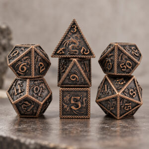Kości RPG metalowe smoki miedziane D&D zestaw 7 szt. ciężkie pudełko