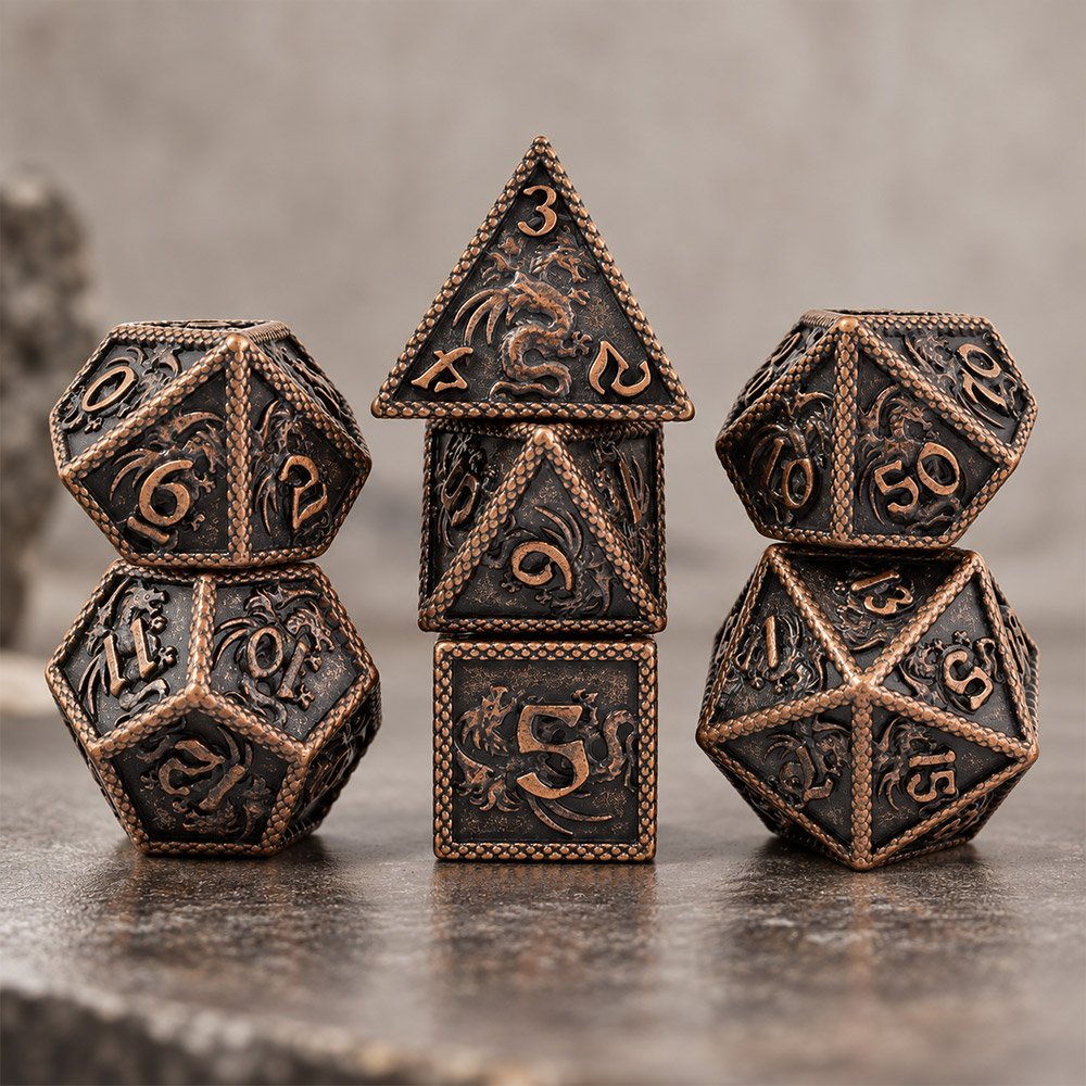 Kości RPG metalowe smoki miedziane D&D zestaw 7 szt. ciężkie pudełko
