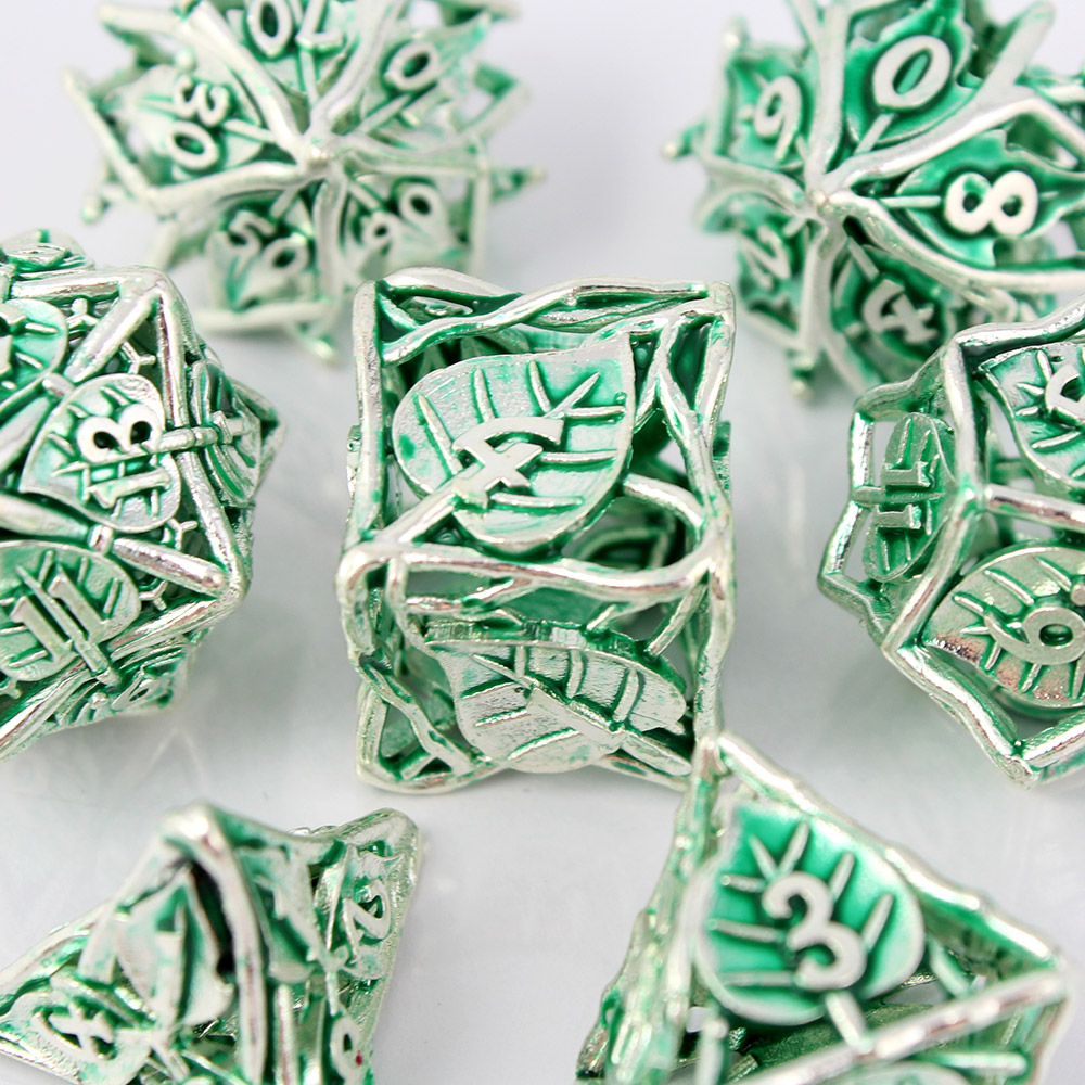 Kości RPG metalowe ażurowe kwiatowe zielone D&amp;D zestaw 7 szt.