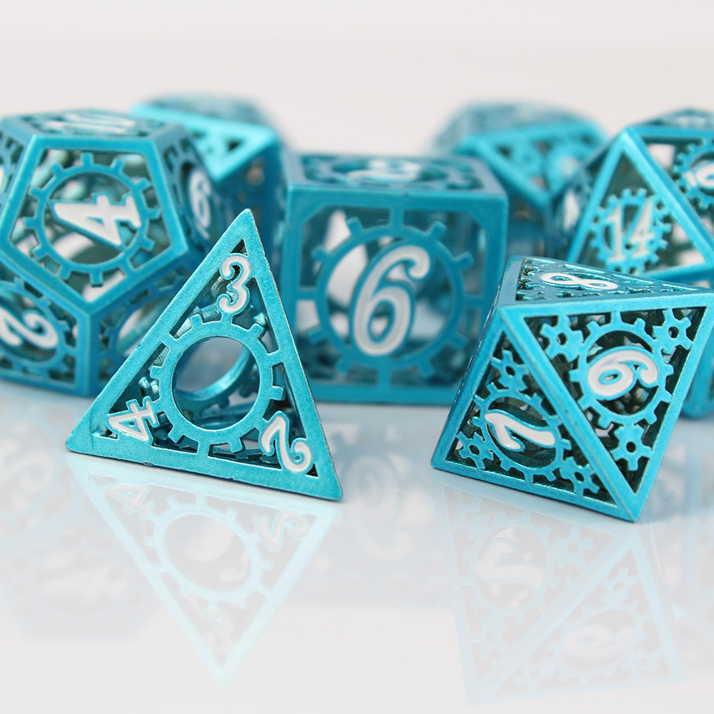 Kości RPG metalowe ażurowe niebieskie steampunk D&D zestaw 7 szt.
