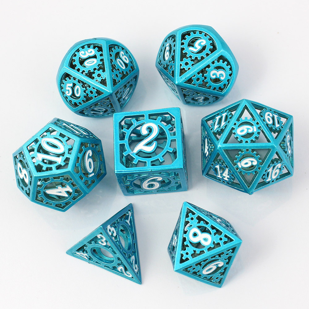 Kości RPG metalowe ażurowe niebieskie steampunk D&D zestaw 7 szt.