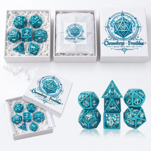 Opakowanie zestawu kości RPG Chronoforge – Frostblue