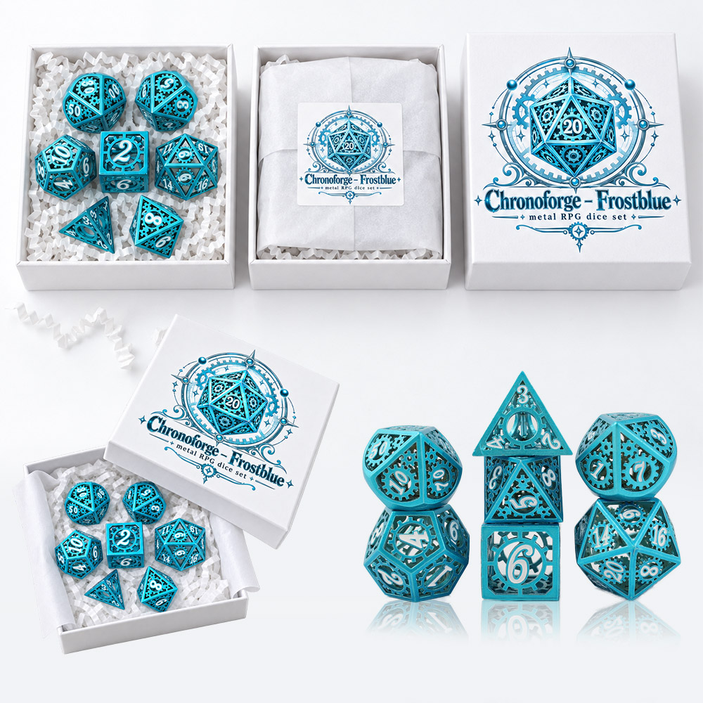Opakowanie zestawu kości RPG Chronoforge – Frostblue