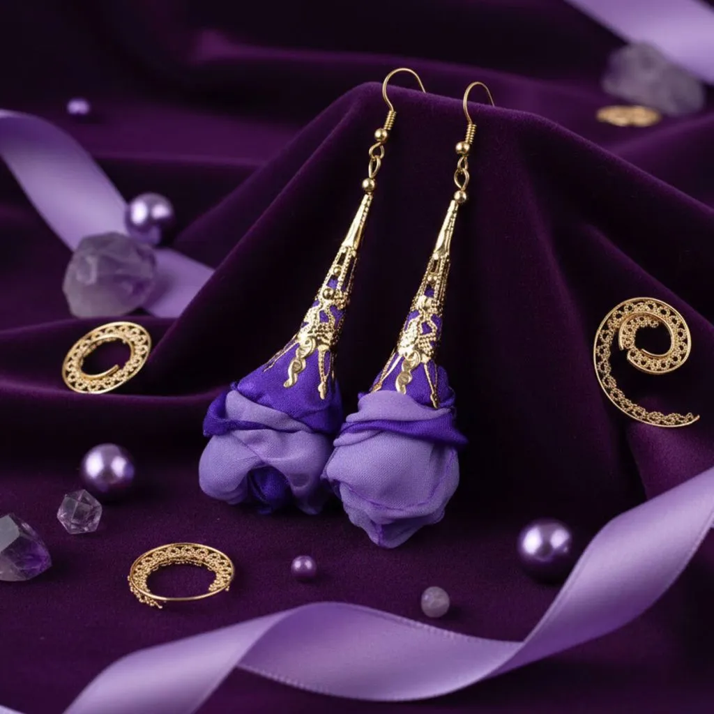 Kolczyki z tkaniny fioletowe ażurowe kwiaty złote KC gold – Lume Design