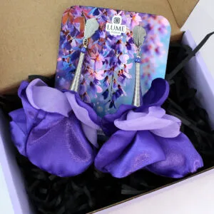 Duże kolczyki z tkaniny fioletowe kwiaty awangardowe srebrne handmade