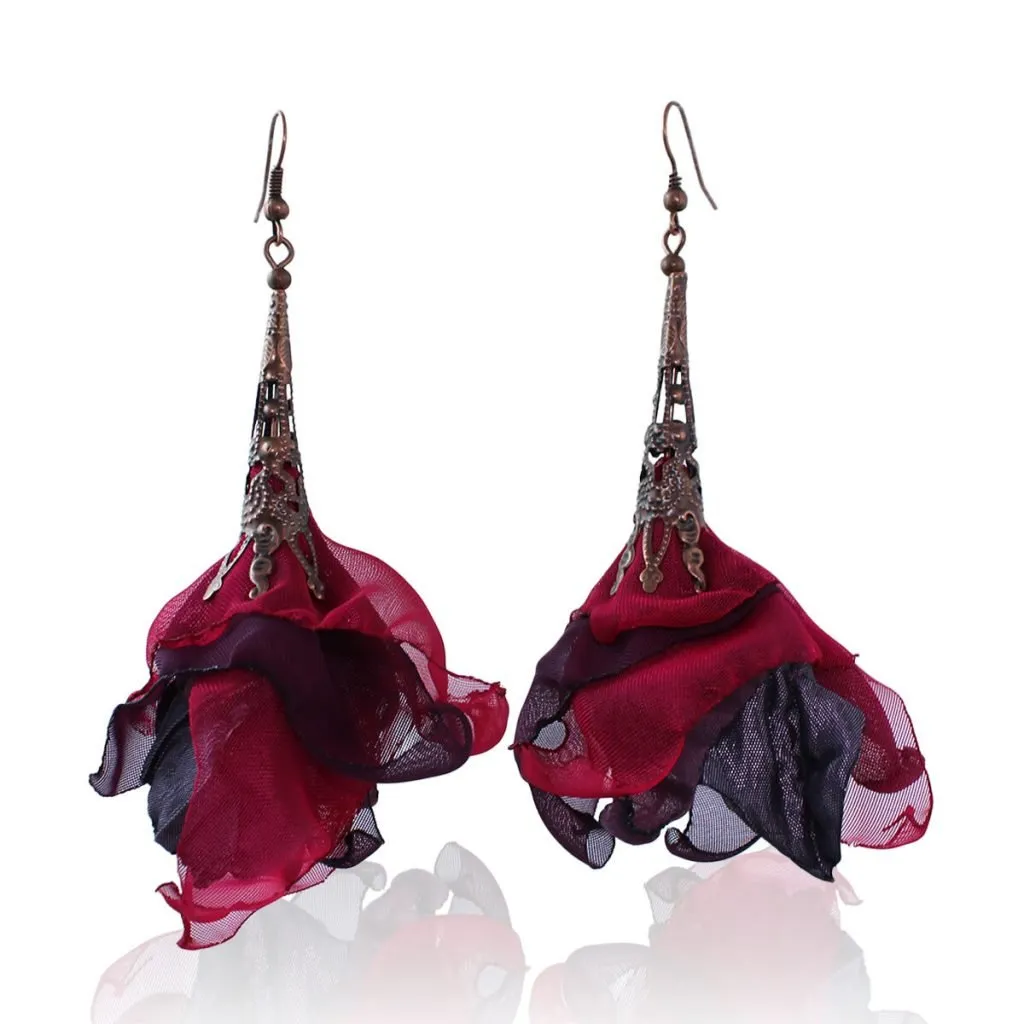 Kolczyki z tkaniny fiolet malinowy kwiaty witchy gothic – Lume Design