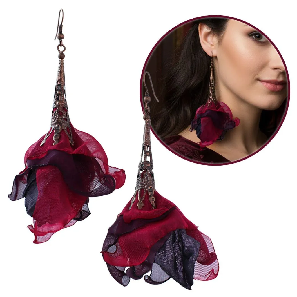 Kolczyki z tkaniny fiolet malinowy kwiaty witchy gothic – Lume Design