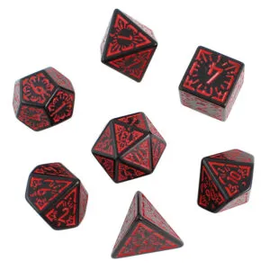 Zestaw 7 czarnych akrylowych kości RPG z czerwonymi runami, ramkami i cyframi | Akrylowe Kości Infernal Runes Lume Design