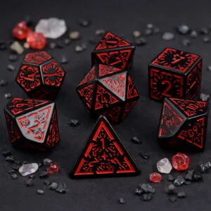 Zestaw 7 czarnych akrylowych kości RPG z czerwonymi runami, ramkami i cyframi | Akrylowe Kości Infernal Runes Lume Design