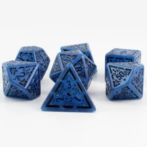 Zestaw 7 granatowych akrylowych kości RPG z czarnymi runami, ramkami i cyframi | Akrylowe Kości Abyssal Runes Lume Design