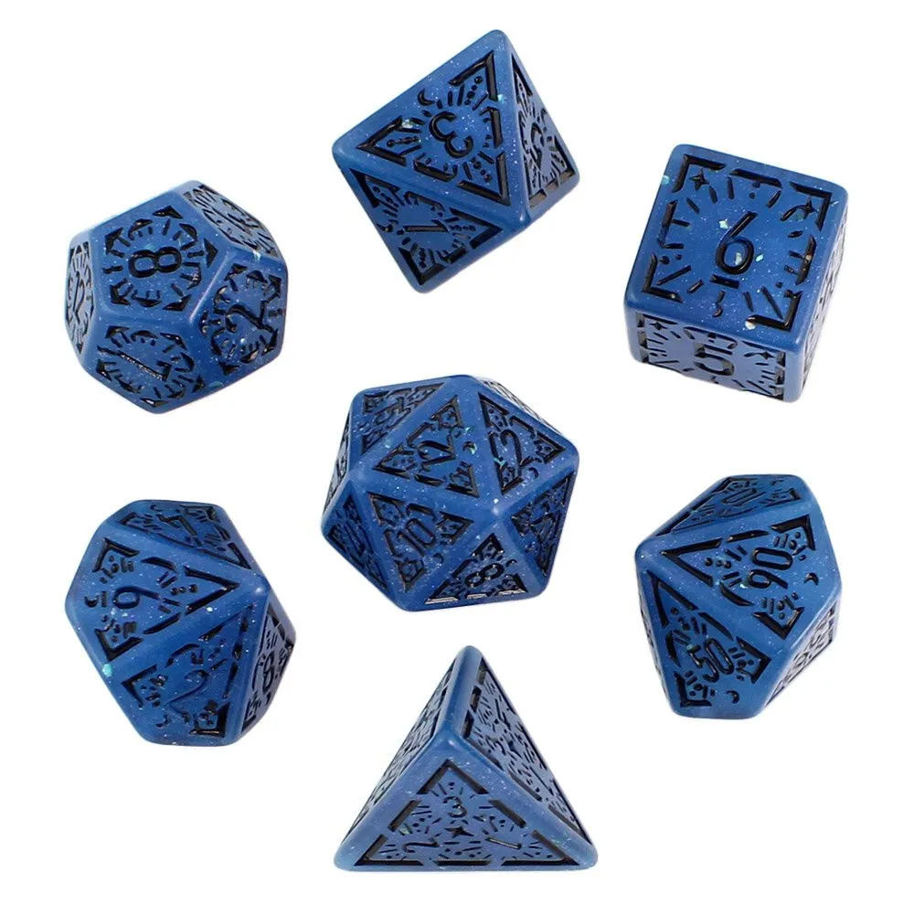 Zestaw 7 granatowych akrylowych kości RPG z czarnymi runami, ramkami i cyframi | Akrylowe Kości Abyssal Runes Lume Design