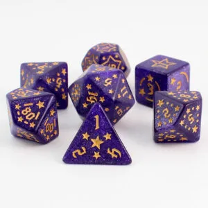 Zestaw 7 akrylowych kości RPG o zaokrąglonych krawędziach w kolorze fioletowym ze złotymi gwiazdkami | Akrylowe Kości Amethyst Stars Lume Design