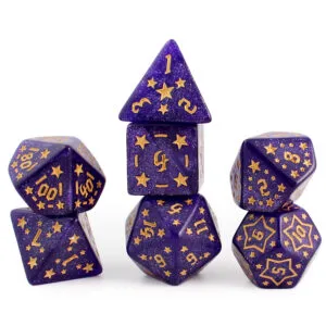 Zestaw 7 akrylowych kości RPG o zaokrąglonych krawędziach w kolorze fioletowym ze złotymi gwiazdkami | Akrylowe Kości Amethyst Stars Lume Design