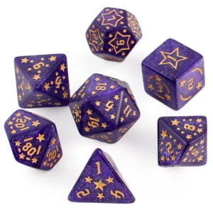Zestaw 7 akrylowych kości RPG o zaokrąglonych krawędziach w kolorze fioletowym ze złotymi gwiazdkami | Akrylowe Kości Amethyst Stars Lume Design
