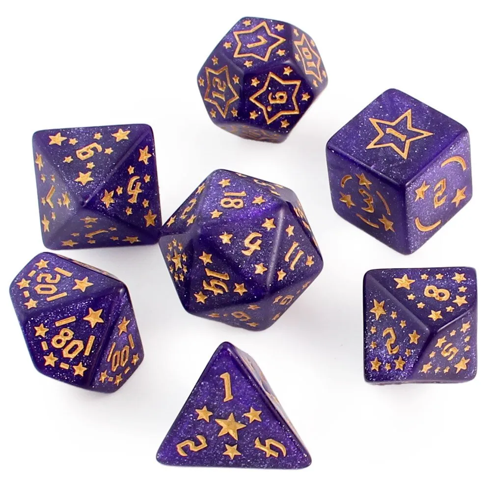 Zestaw 7 akrylowych kości RPG o zaokrąglonych krawędziach w kolorze fioletowym ze złotymi gwiazdkami | Akrylowe Kości Amethyst Stars Lume Design