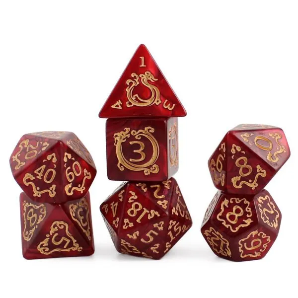 Zestaw 7 akrylowych kości RPG o zaokrąglonych krawędziach w kolorze czerwonego marmuru ze zdobieniami smoków | Akrylowe Kości Dragon's Ruby Lume Design