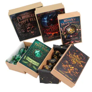Zestaw 7 przezroczystych kości RPG z żywicy z ilustracjami grzybów i fioletowym płynnym wnętrzem | Kości Liquid Core Mystic Shrooms Lume Design